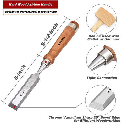 EZARC 6pcs Wood Chisel Set for Woodworking CRV Steel with Walnut Handle in Wooden Premium Box